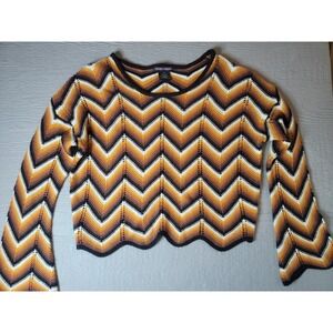 Trendy Threads Chevron Crochet Knit Sweater Orange Brown Zig Zag Bell Sleeve L